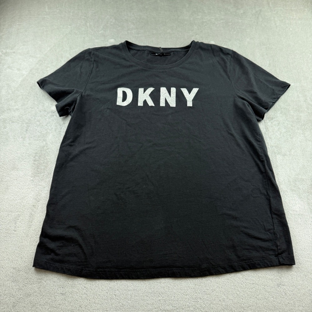 DKNY T-Shirt Women's XL Black Silver Glitter Logo Short Sleeve Crewneck Tee